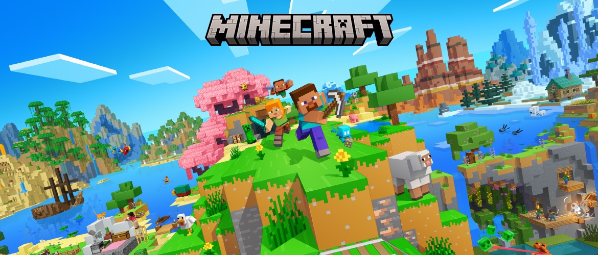 Minecraft promotional artwork showing players exploring diverse biomes, animals, and structures across a vibrant blocky world beneath the Minecraft logo.