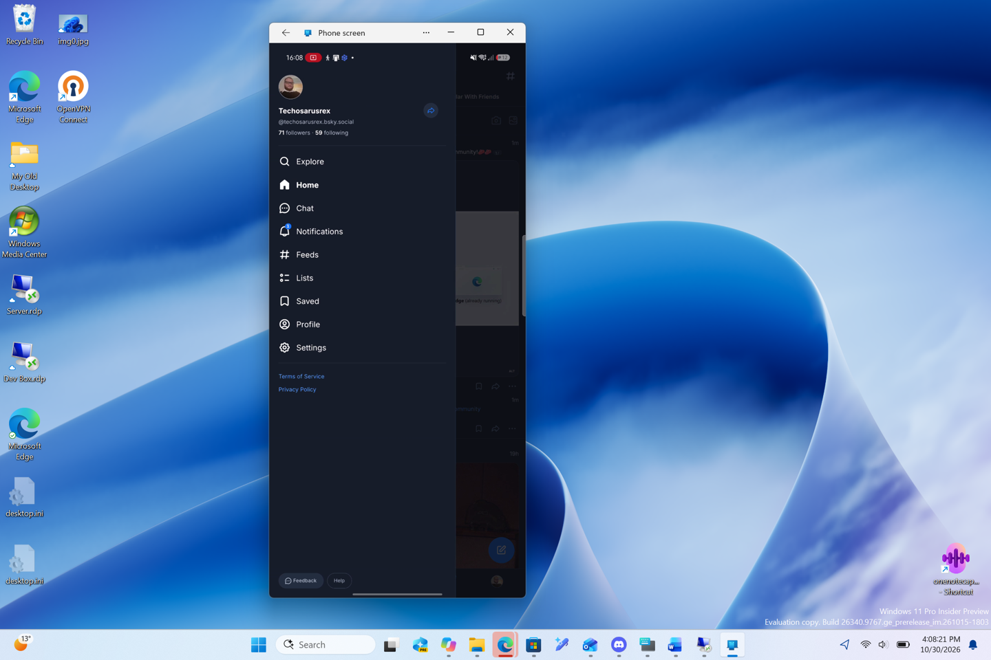 Bluesky running on phone and mirrored