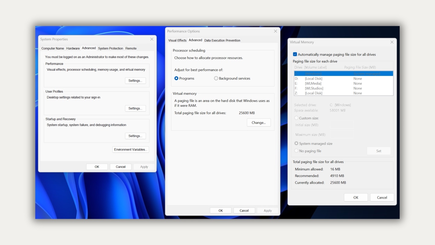 Default Virtual Memory setting lets Windows size the page file.